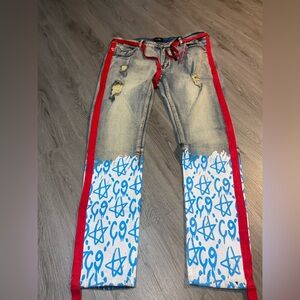 Men's Distressed Jeans with Red and Blue Star Graphics